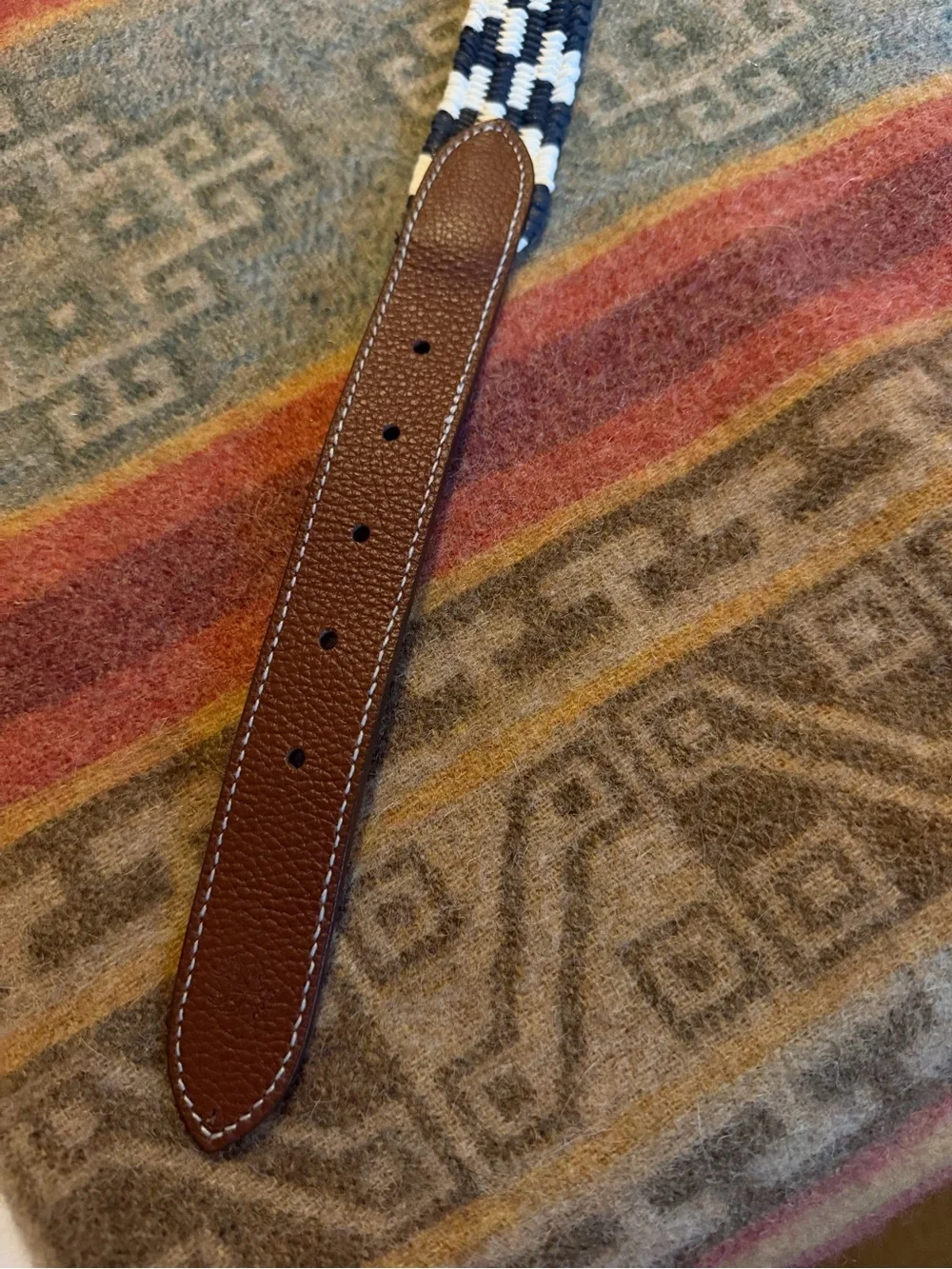 Brooks Brothers Navy White Woven Belt Brown Leather Size S